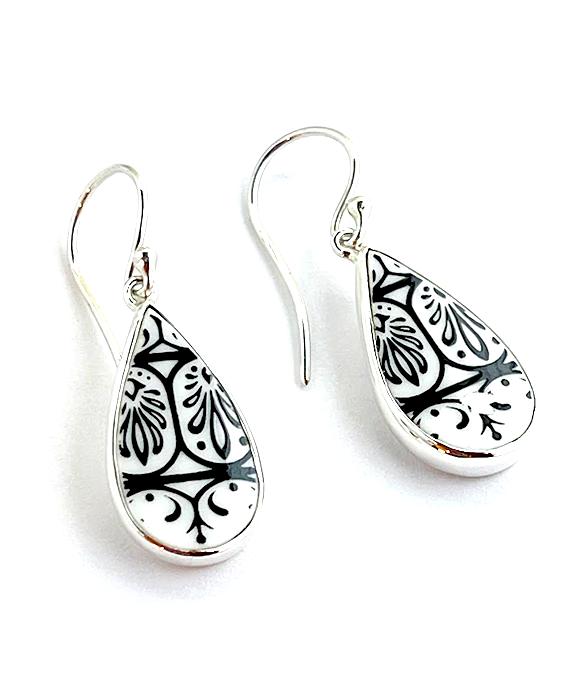 Black and White Patterned Vintage Pottery Single Drop Teardrop Earrings