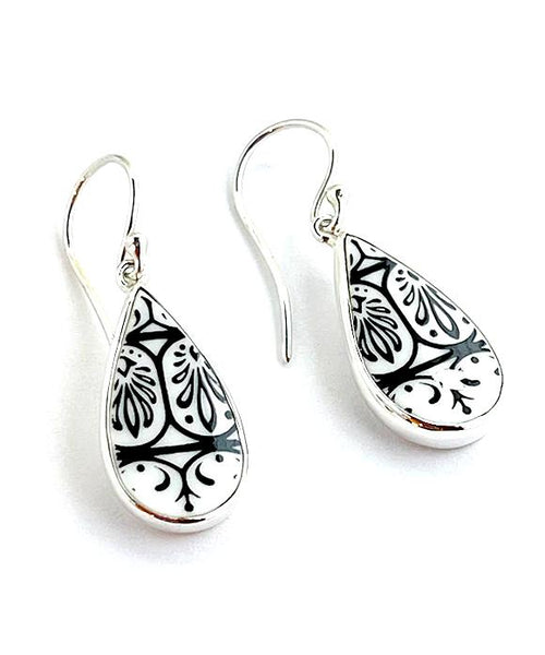 Black and White Patterned Vintage Pottery Single Drop Teardrop Earrings