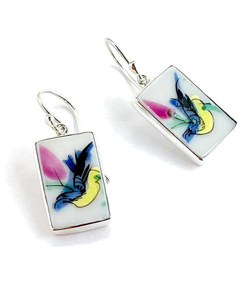 Hand Painted Bird Vintage Pottery Rectangle Single Drop Earrings
