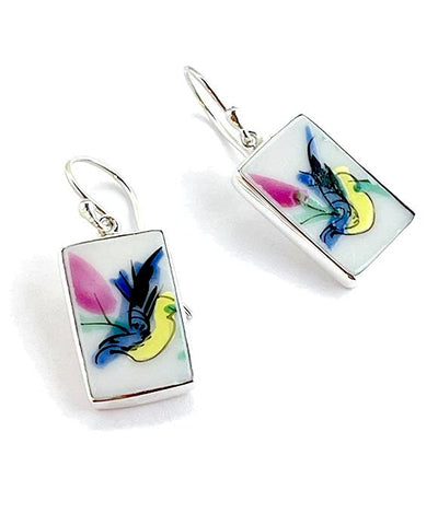 Hand Painted Bird Vintage Pottery Rectangle Single Drop Earrings