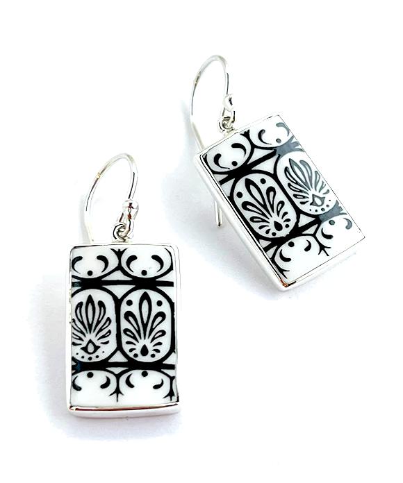 Black and White Patterned Vintage Pottery Single Drop Rectangle Earrings