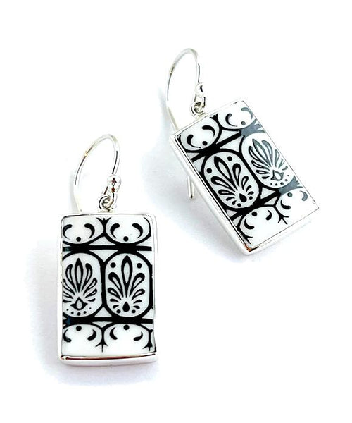 Black and White Patterned Vintage Pottery Single Drop Rectangle Earrings