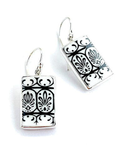 Black and White Patterned Vintage Pottery Single Drop Rectangle Earrings