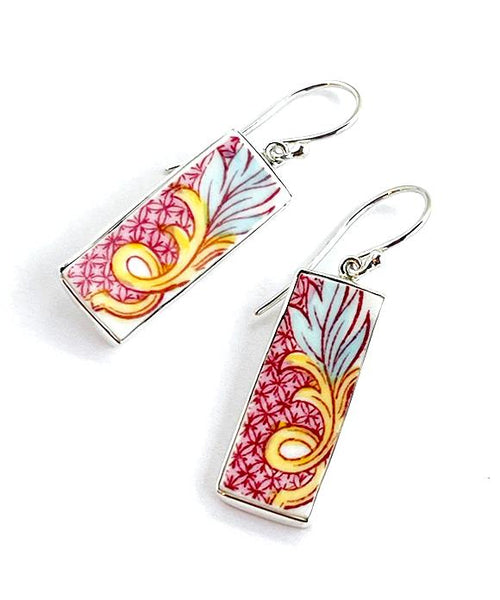 Aqua Leaf and Pink Pattern Vintage Pottery Large Rectangle Single Drop Earrings