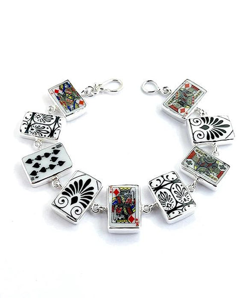 Black & White Patterned & Playing Cards Vintage Pottery Rectangle Shape Bracelet - 7 1/2