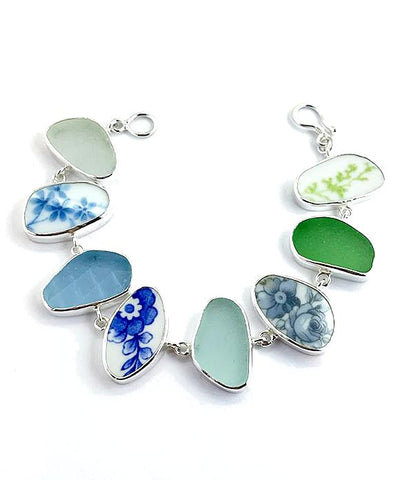 Blue Floral Vintage Pottery and Sea Glass Shape Bracelet - 7 1/4