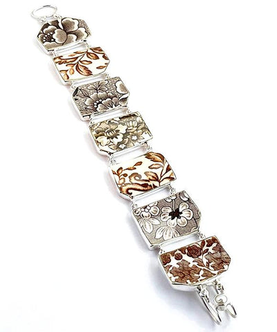 Brown Floral Vintage Pottery Double Link Large Shard Bracelet - 7 3/4
