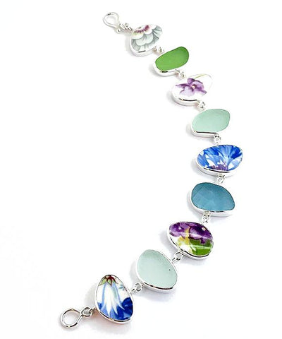 Blue & Purple Floral Vintage Pottery and Sea Glass Shape Bracelet - 8
