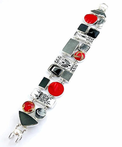 Grey Sea Glass, Black & White Vintage Pottery with Antique Glass Buttons Cluster Bracelet - 9