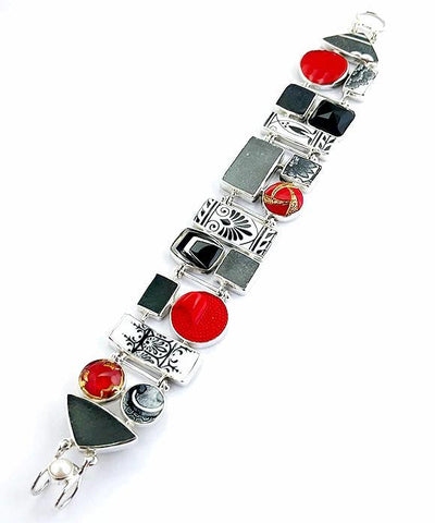 Grey Sea Glass, Black & White Vintage Pottery with Antique Glass Buttons Cluster Bracelet - 9