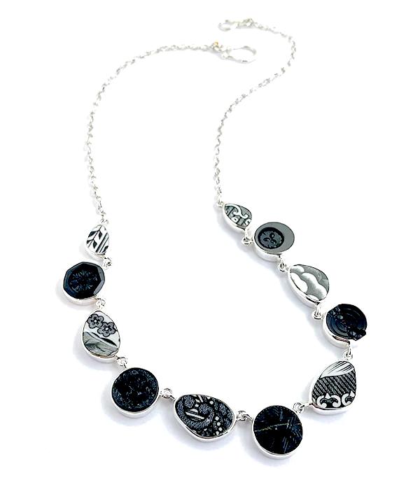 Natural Shape Black & White Vintage Pottery with Antique Black Glass Buttons 11 Piece Necklace