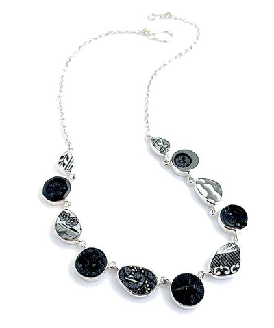 Natural Shape Black & White Vintage Pottery with Antique Black Glass Buttons 11 Piece Necklace