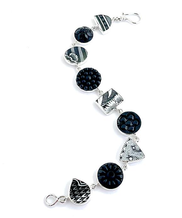 Black and White Vintage Pottery with Black Glass Buttons Bracelet- 8