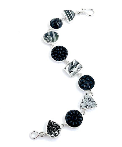 Black and White Vintage Pottery with Black Glass Buttons Bracelet- 8