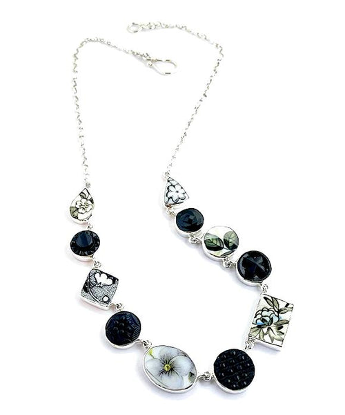 Multi Shape Black & White Vintage Pottery with Antique Black Glass Buttons 11 Piece Necklace