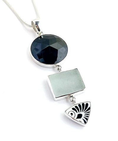 Black Glass Button, Black & White Vintage Pottery & Grey Sea Glass Triple Pendant