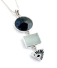 Black Glass Button, Black & White Vintage Pottery & Grey Sea Glass Triple Pendant