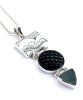 Black & White Patterned Vintage Pottery, Faceted Glass Button & Dark Grey Sea Glass Triple Barbell Pendant