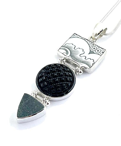 Black & White Patterned Vintage Pottery, Faceted Glass Button & Dark Grey Sea Glass Triple Barbell Pendant