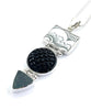 Black & White Patterned Vintage Pottery, Faceted Glass Button & Dark Grey Sea Glass Triple Barbell Pendant