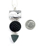 Black & White Patterned Vintage Pottery, Faceted Glass Button & Dark Grey Sea Glass Triple Barbell Pendant