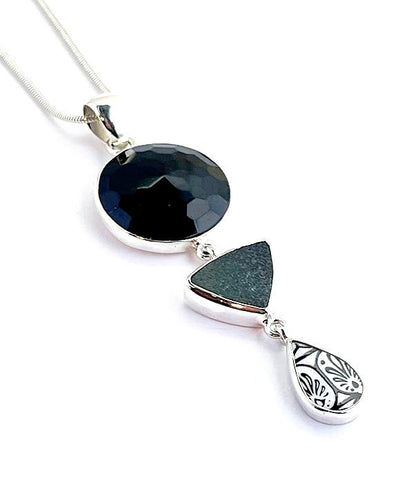 Black Glass Button, Black & White Vintage Pottery & Dark Grey Sea Glass Triple Pendant