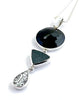 Black Glass Button, Black & White Vintage Pottery & Dark Grey Sea Glass Triple Pendant