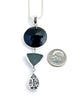 Black Glass Button, Black & White Vintage Pottery & Dark Grey Sea Glass Triple Pendant