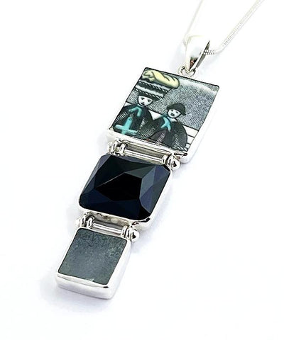 Folk People Vintage Pottery, Faceted Glass Button & Dark Grey Sea Glass Triple Barbell Pendant