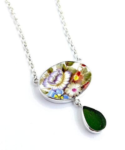 Fall Flowers Vintage Pottery with Dark Green Sea Glass Double Drop Necklace