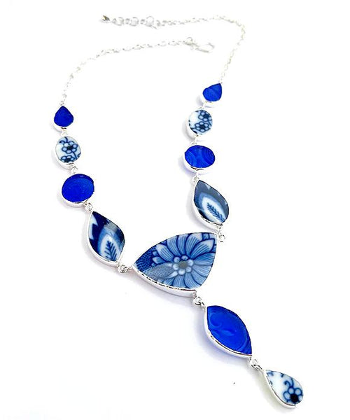 Blue & White Vintage Pottery & Textured Cobalt Sea Glass 11 Piece Y-Necklace