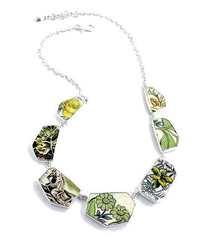 Green, Yellow & Brown Vintage Pottery 7 Piece Shard Necklace