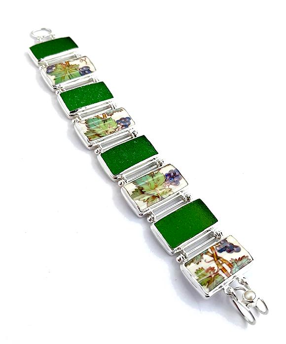 Grape Vine Vintage Pottery and Green Sea Glass Heavy Silver Barbell  Bracelet - 7 1/2