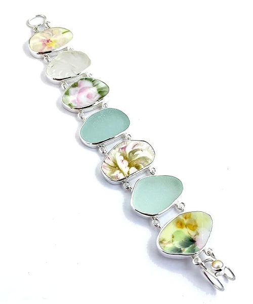 Soft Pastel Flowers Vintage Pottery and Sea Glass Double Link Bracelet - 7 1/4