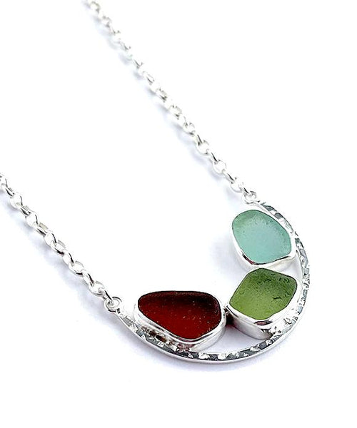 Brown, Olive and Aqua Sea Glass Half Hoop Necklace