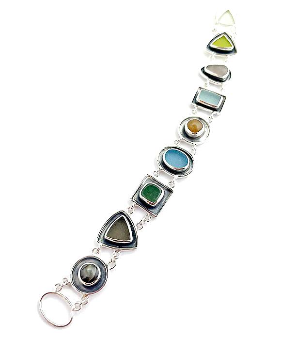 Pastel Glass and Stones Silver Framed Bracelet