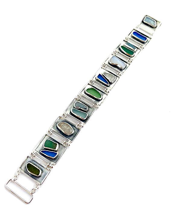 Blues & Greens Sea Glass and Stones Silver Framed Barbell Bracelet