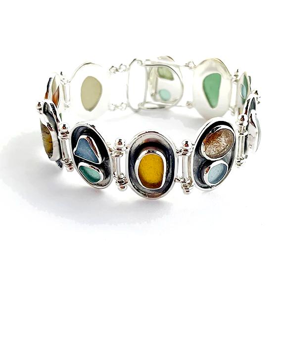 Earth Tone Sea Glass and Stones Silver Framed Barbell Bracelet