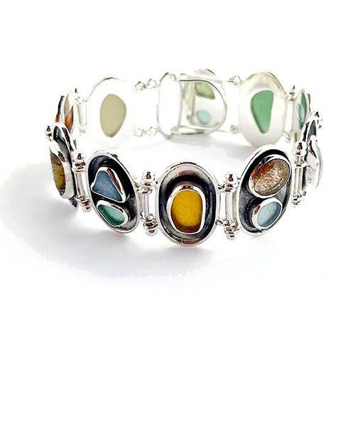 Earth Tone Sea Glass and Stones Silver Framed Barbell Bracelet