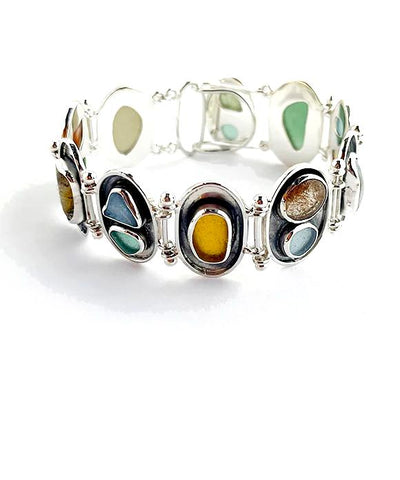 Earth Tone Sea Glass and Stones Silver Framed Barbell Bracelet