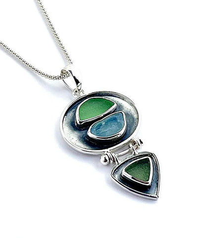 Amazonite, Soft Olive & Mint Sea Glass & Silver Framed Double Pendant on Silver Chain