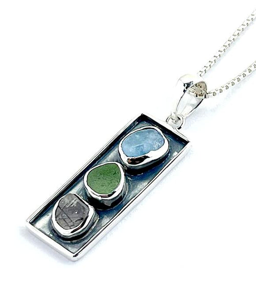 Amazonite, Soft Olive Sea Glass & Rutilated Quartz Silver Framed Pendant on Silver Chain