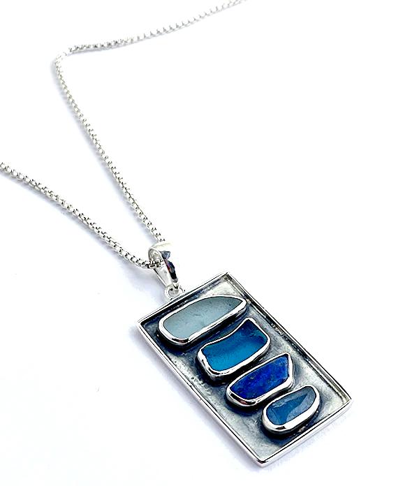 Soft Aqua, Rare Turquoise Sea Glass with Kyanite and Amazonite Stones Silver Framed Pendant on Silver Chain