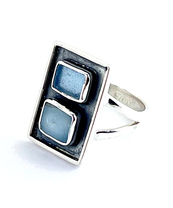 Amazonite & Soft Aqua Sea Glass Silver Framed Rectangle Ring  - Size 7 1/2