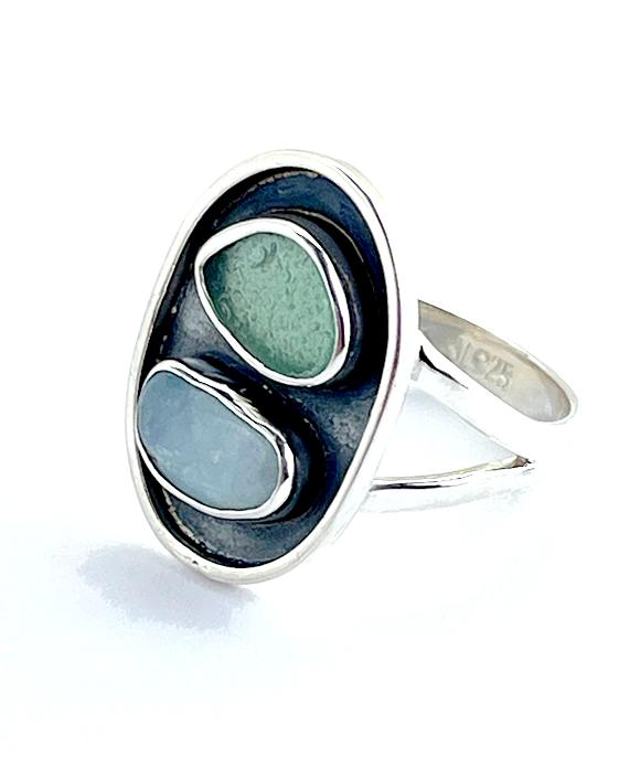Amazonite & Soft Olive Sea Glass Silver Framed Oval Ring  - Size 9