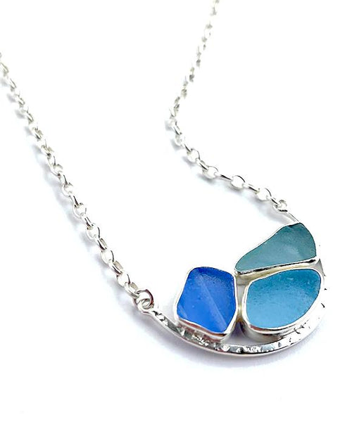 Textured Blue and Aquas Sea Glass Half Hoop Necklace