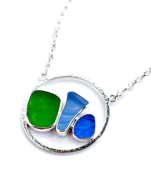 Textured Green, Periwinkle and Blue Sea Glass Hoop Necklace