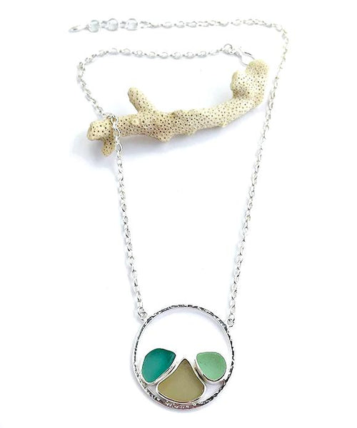 Jade Green, Peach and Soft Green Sea Glass Hoop Necklace