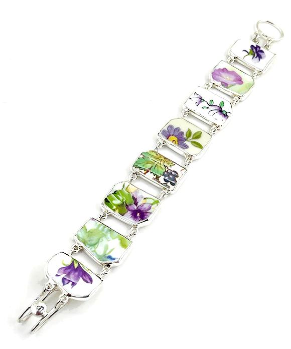 Purple Flowers Vintage Pottery Double Link Shard Bracelet - 8 1/2