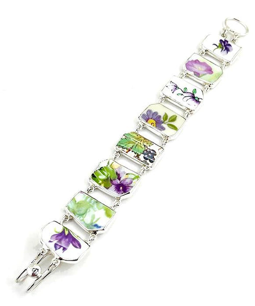 Purple Flowers Vintage Pottery Double Link Shard Bracelet - 8 1/2